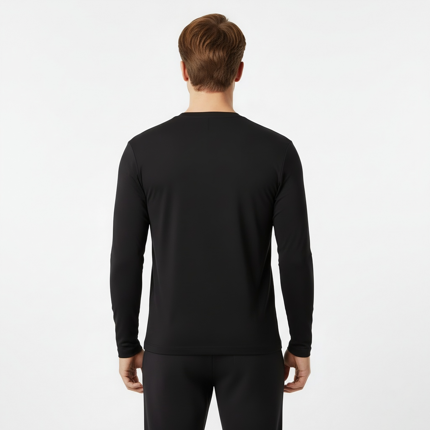 Back view of the black long sleeve shirt on a white background