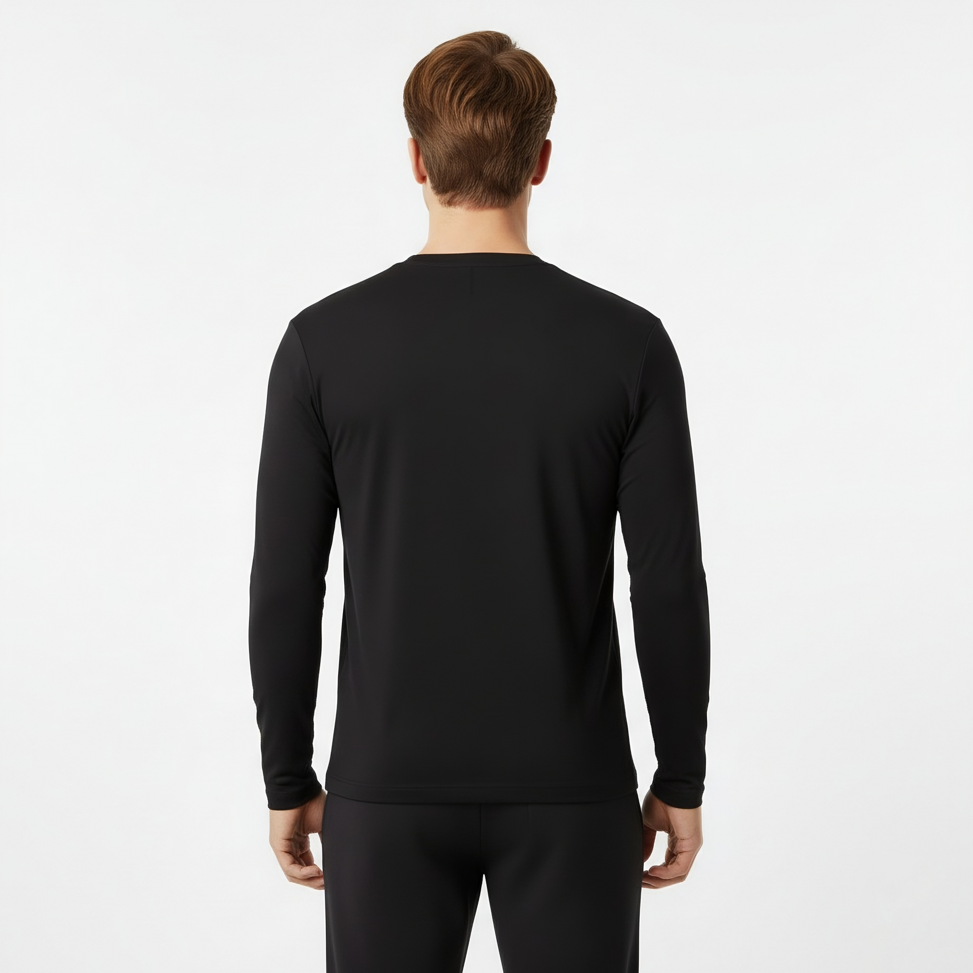 Back view of the black long sleeve shirt on a white background