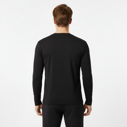 Back view of the black long sleeve shirt on a white background