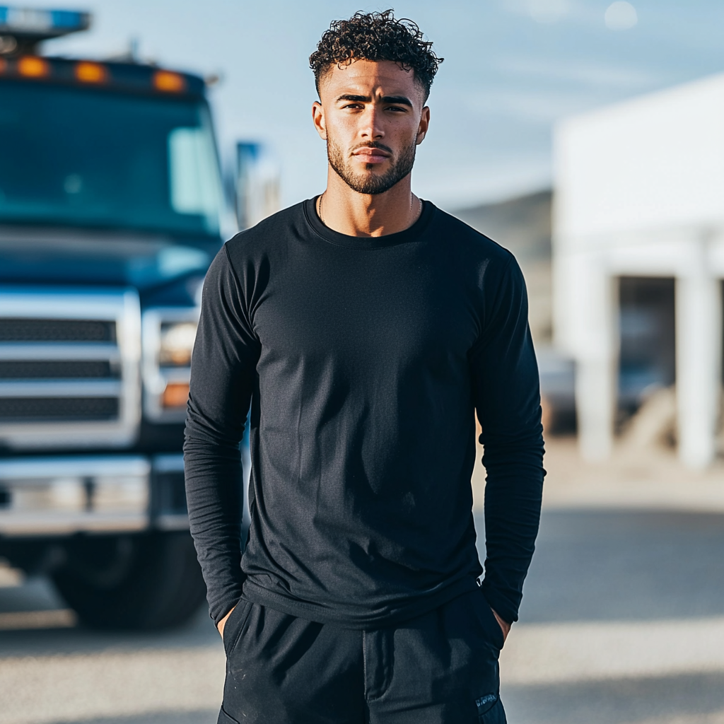 Full body shot of a male model wearing a black styled outfit in a natural setting