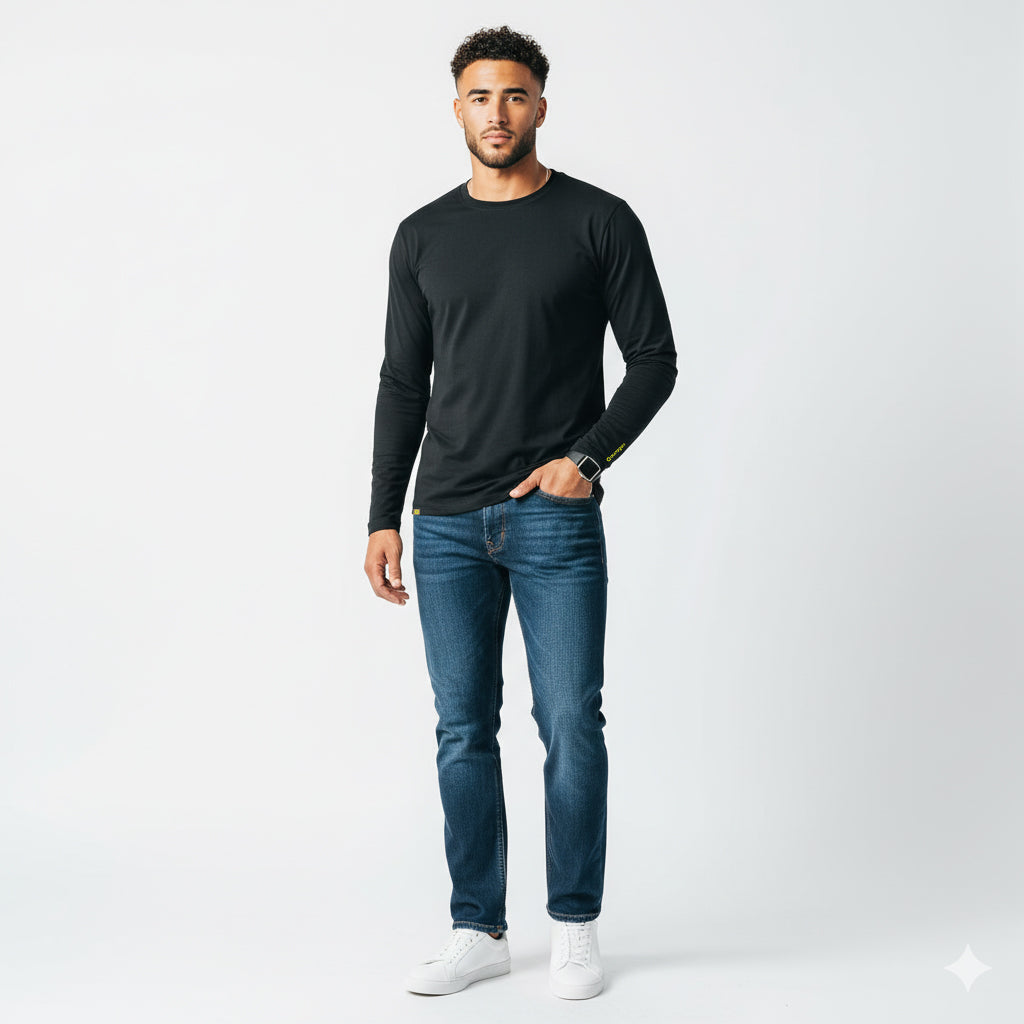 Lifestyle shot of the black long sleeve shirt on a white background