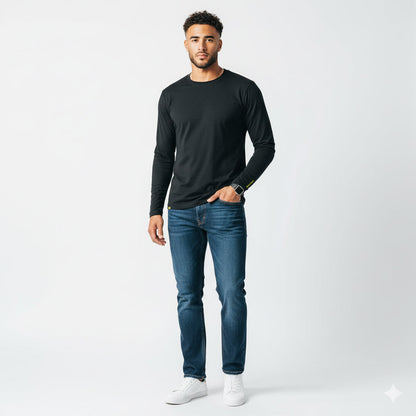 Lifestyle shot of the black long sleeve shirt on a white background