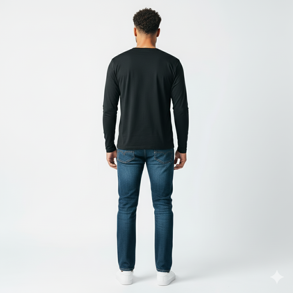 Lifestyle shot of the black long sleeve shirt worn by a model outdoors