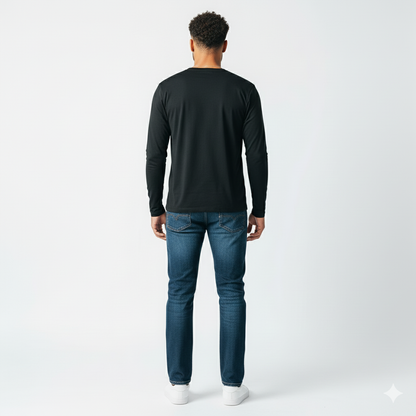 Lifestyle shot of the black long sleeve shirt worn by a model outdoors