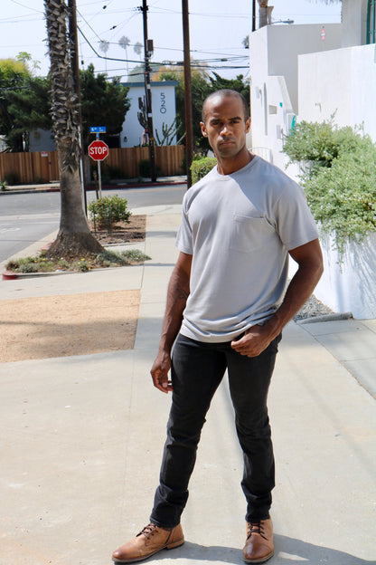 Bamboo viscose t-shirt in gray with short sleeves, lifestyle shot.