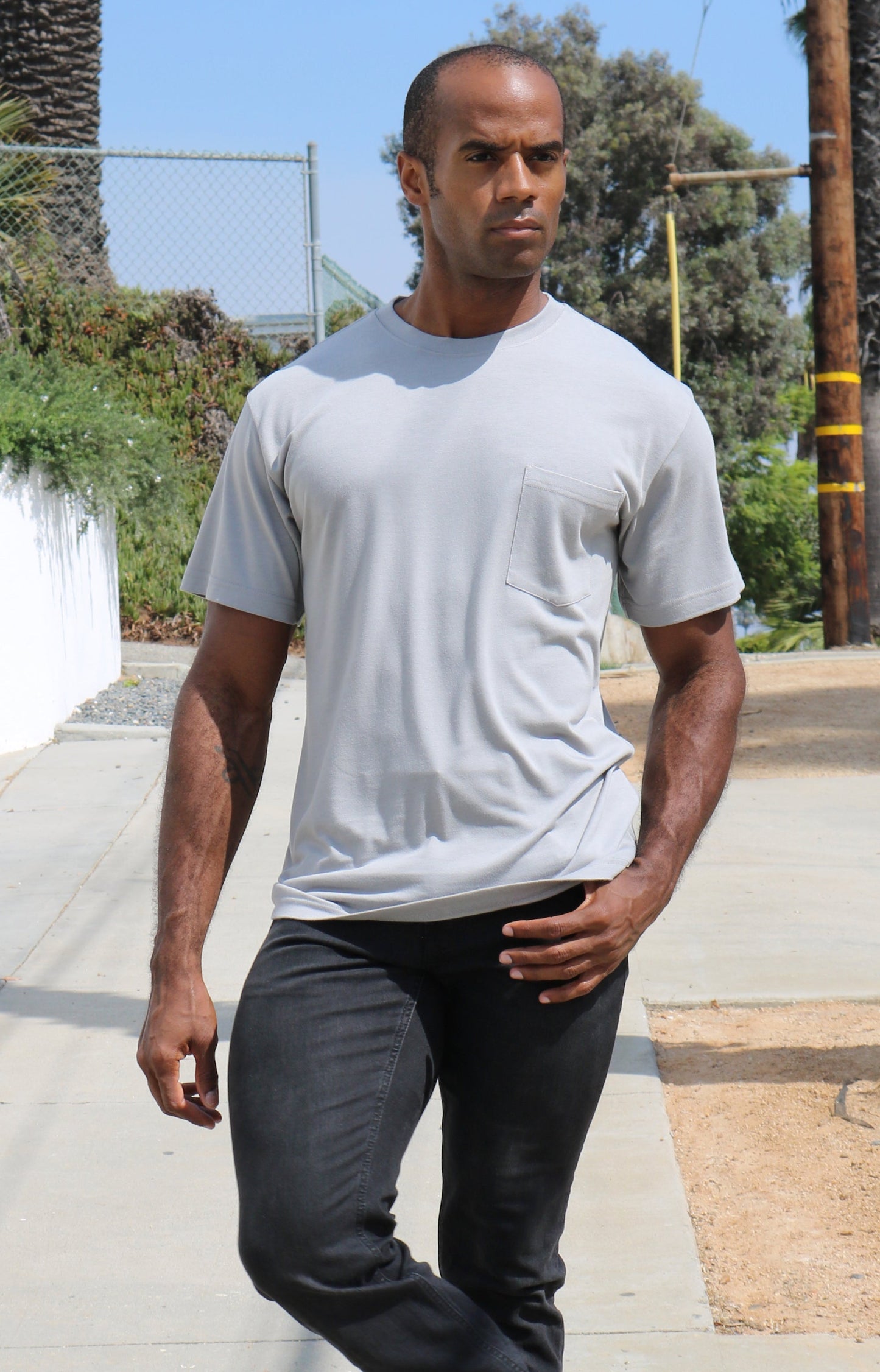 Bamboo viscose t-shirt in gray with short sleeves, lifestyle shot.