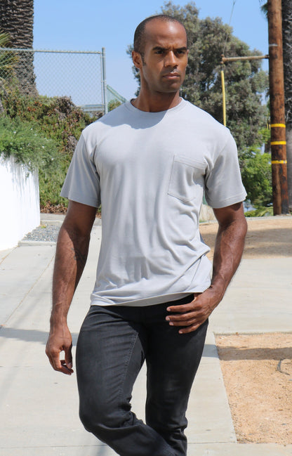 Bamboo viscose t-shirt in gray with short sleeves, lifestyle shot.