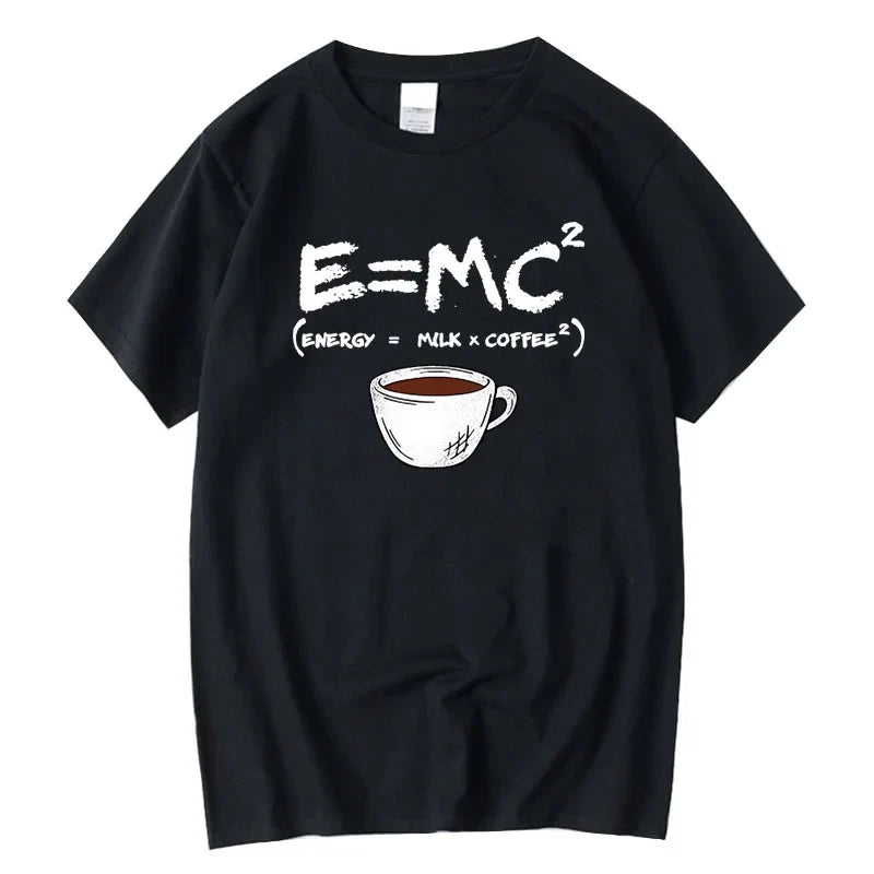 Front view of the black t-shirt featuring E=MC² graphic and coffee cup illustration