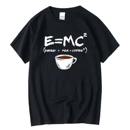 Front view of the black t-shirt featuring E=MC² graphic and coffee cup illustration