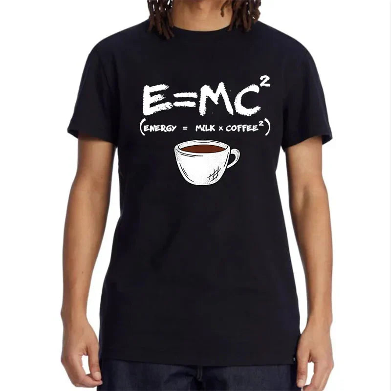 Lifestyle shot of the black t-shirt with E=MC² graphic and coffee cup illustration