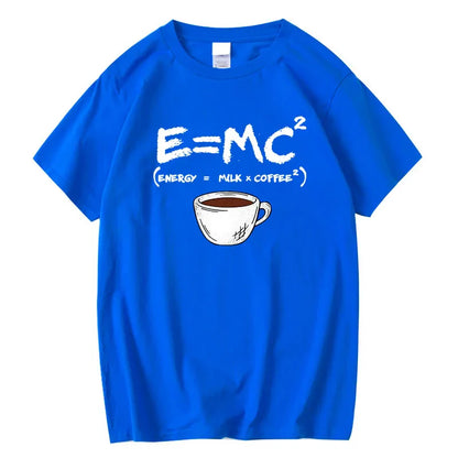 Detail shot of blue t-shirt featuring E=MC² print and coffee cup graphic