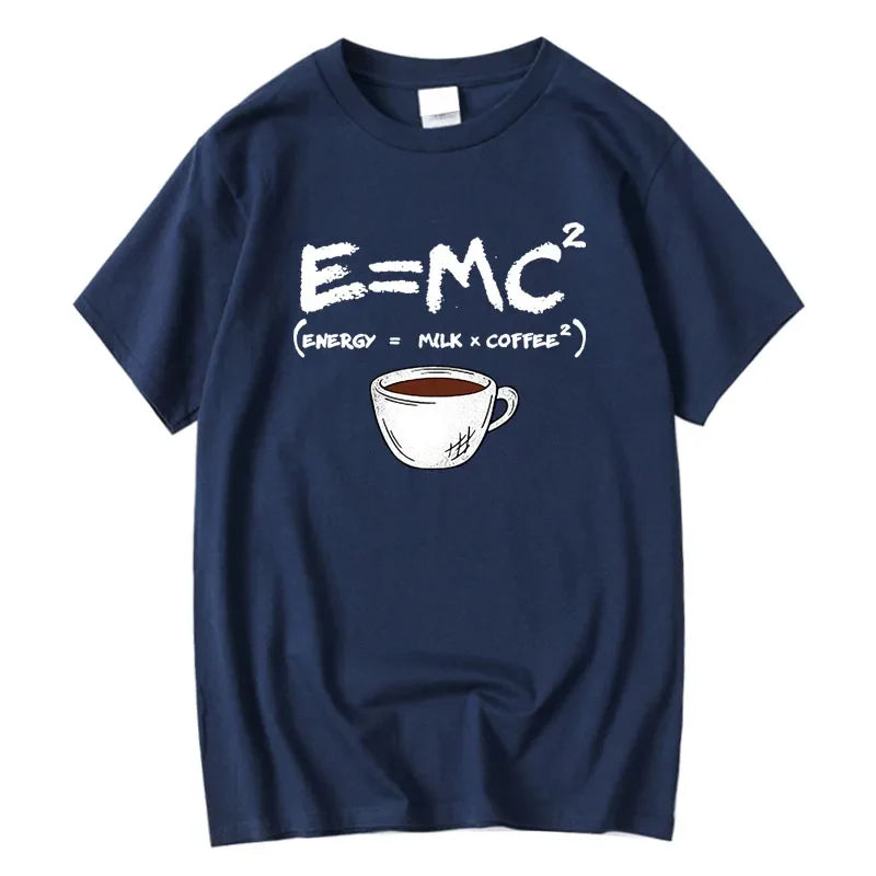 Detail shot of navy t-shirt featuring E=MC² print and coffee cup graphic