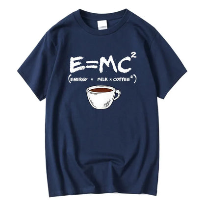 Detail shot of navy t-shirt featuring E=MC² print and coffee cup graphic