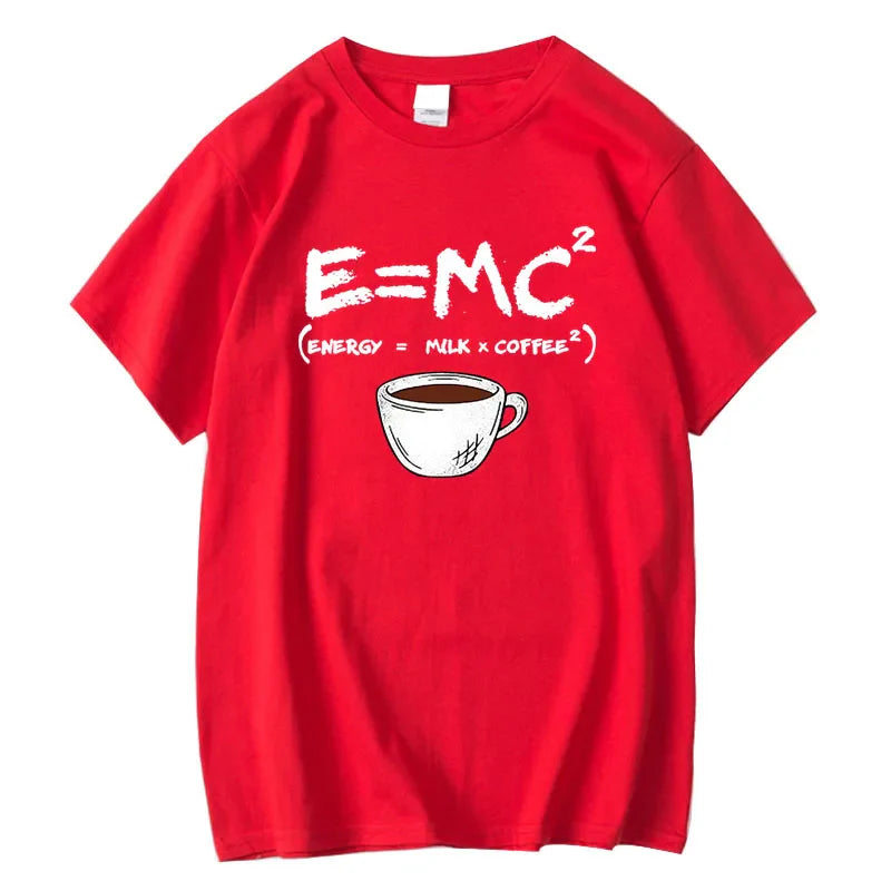 Detail shot of red t-shirt showcasing E=MC² print and coffee cup graphic