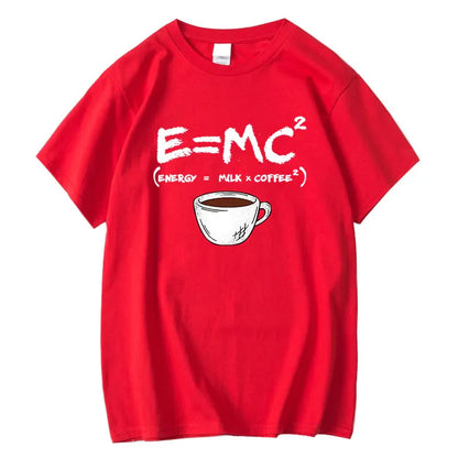 Detail shot of red t-shirt showcasing E=MC² print and coffee cup graphic