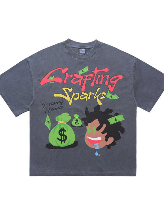Front view of the graphic vintage washed t-shirt in gray with bold graphics.