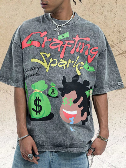 Graphic vintage washed t-shirt in gray with bold graphics, lifestyle shot.