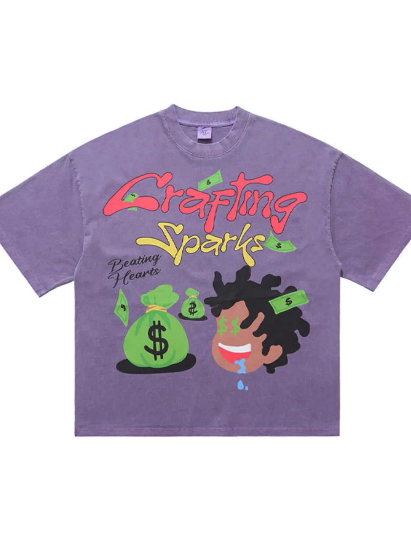 Graphic vintage washed t-shirt in purple with bold graphics, lifestyle shot.