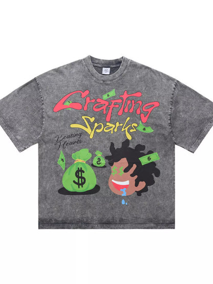 Packaging view of the graphic vintage washed t-shirt in gray with bold graphics and crew neck.