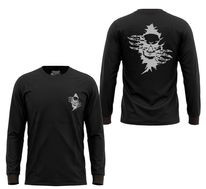 Back view of the black long sleeve shirt showcasing the shattered skull design.