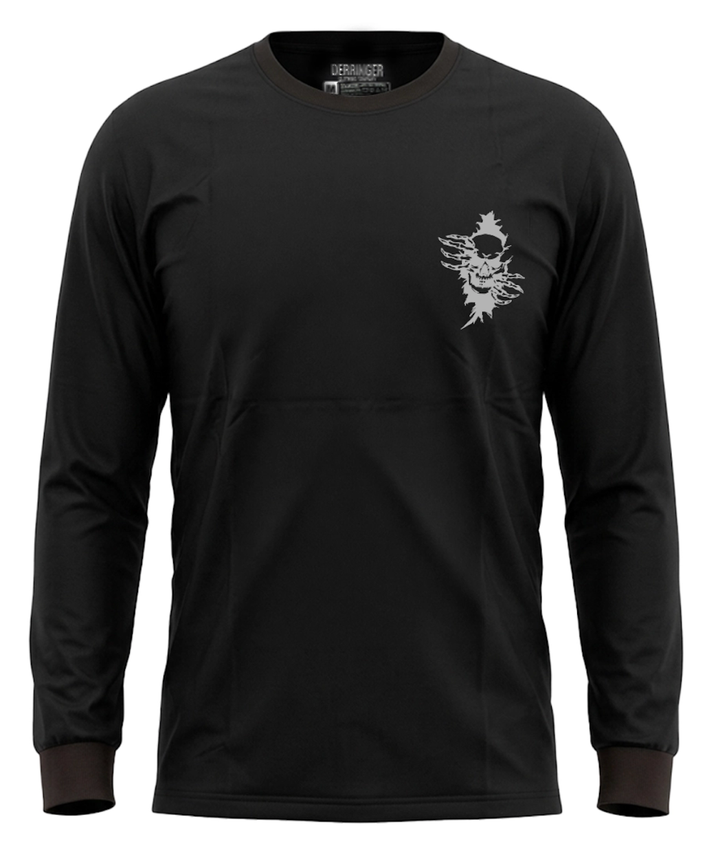 Front view of the black long sleeve shirt with a small graphic.