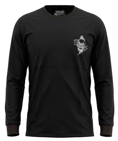 Front view of the black long sleeve shirt with a small graphic.