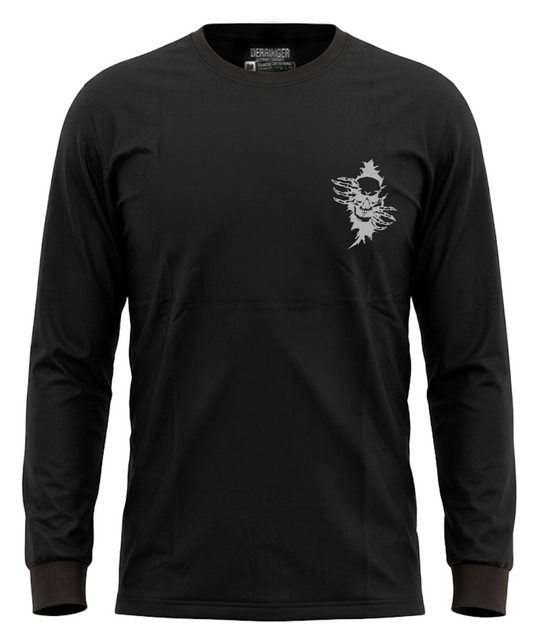 Front view of the black long sleeve shirt with a small graphic.