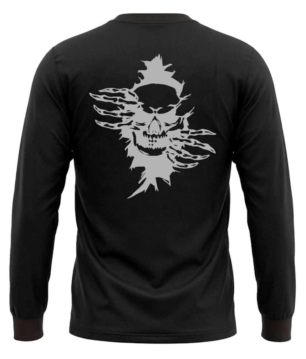 Front view of the black long sleeve shirt with a small graphic.