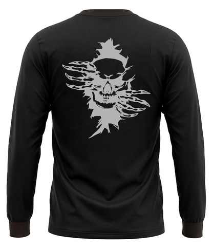 Front view of the black long sleeve shirt with a small graphic.