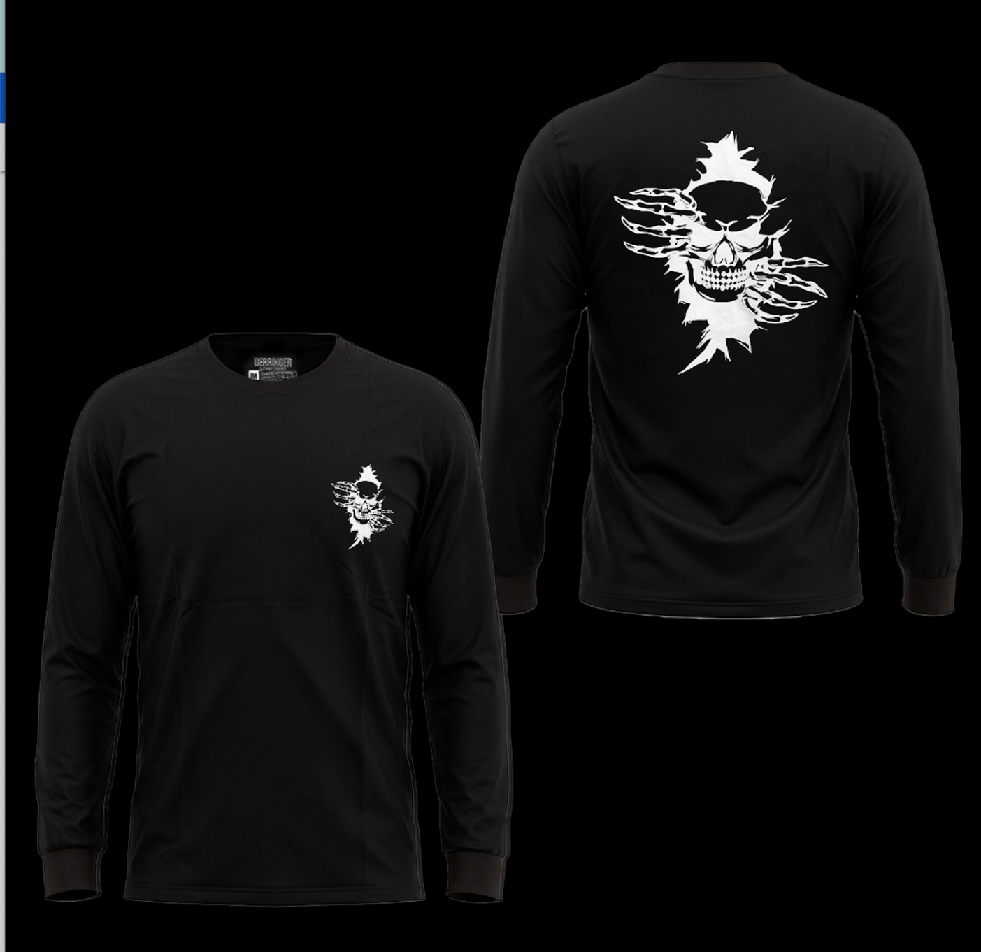 Front view of the black long sleeve shirt featuring a graphic design and logo.