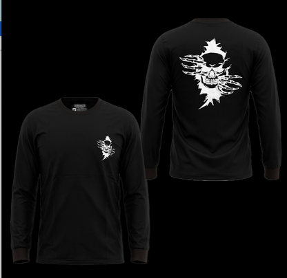 Front view of the black long sleeve shirt featuring a graphic design and logo.