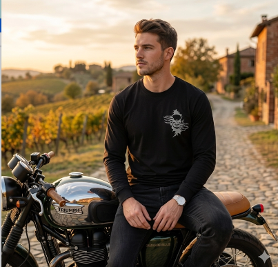 Lifestyle shot of a man wearing a black long sleeve shirt outdoors.
