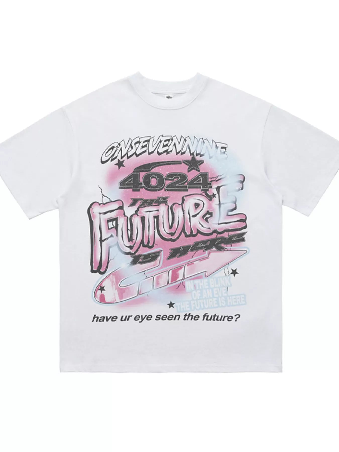 Onsevennine graphic t-shirt in white, front view with graphic print.