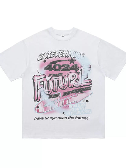 Onsevennine graphic t-shirt in white, front view with graphic print.