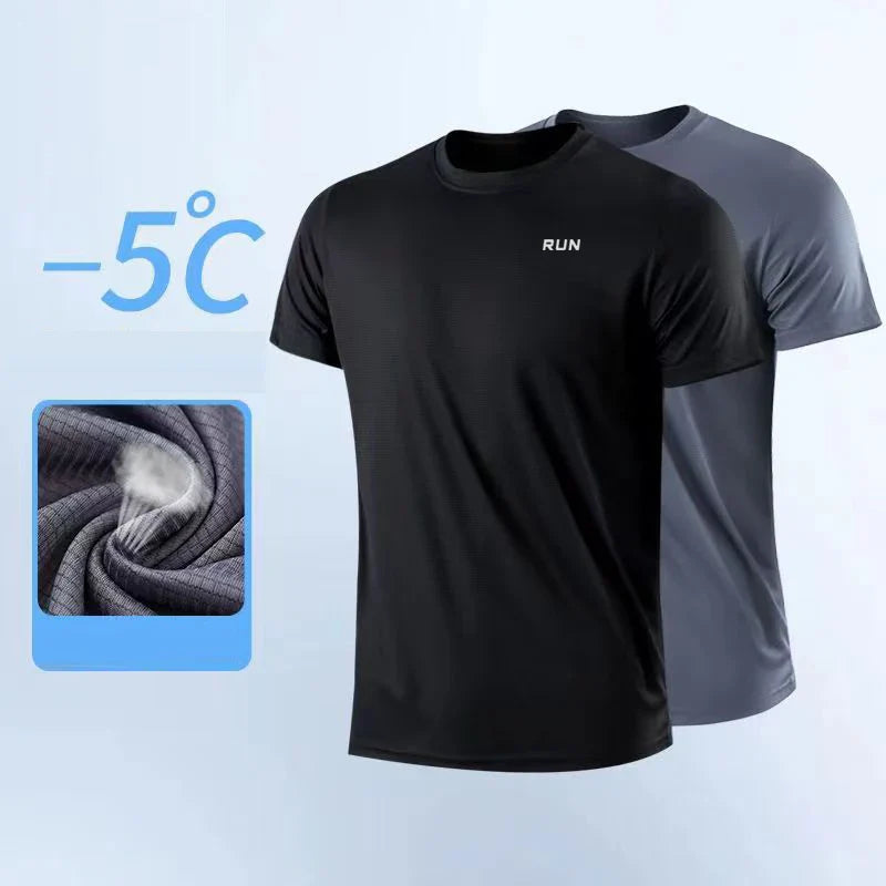 Men's black and gray t-shirts with short sleeves, front view.