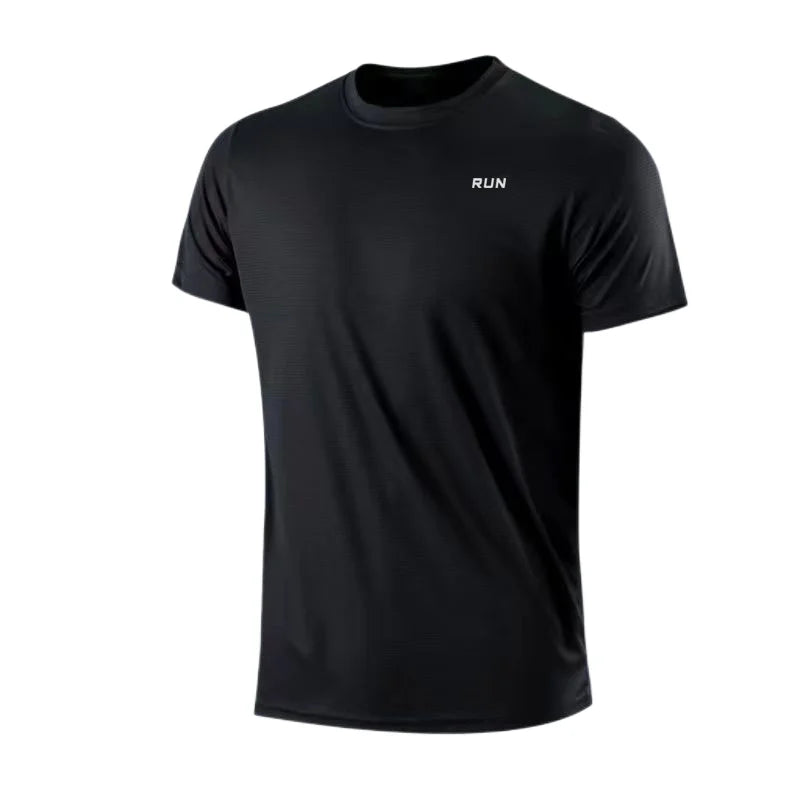 Front view of black t-shirt with short sleeves and logo on chest.