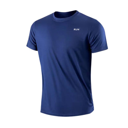 Front view of blue t-shirt with short sleeves and crew neck.