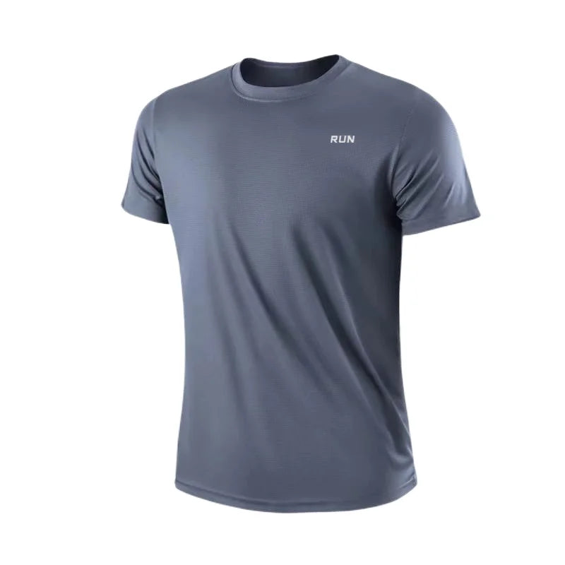 Front view of gray t-shirt with short sleeves and logo on chest.