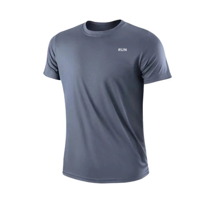 Front view of gray t-shirt with short sleeves and logo on chest.
