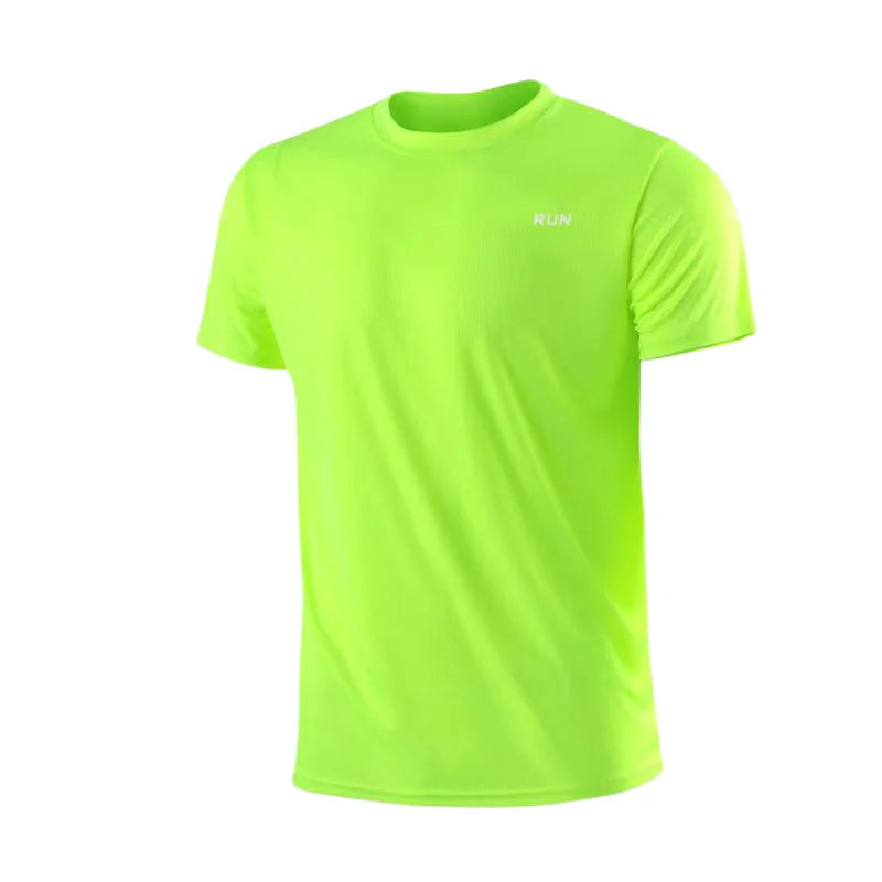 Front view of green t-shirt with short sleeves and logo on chest.