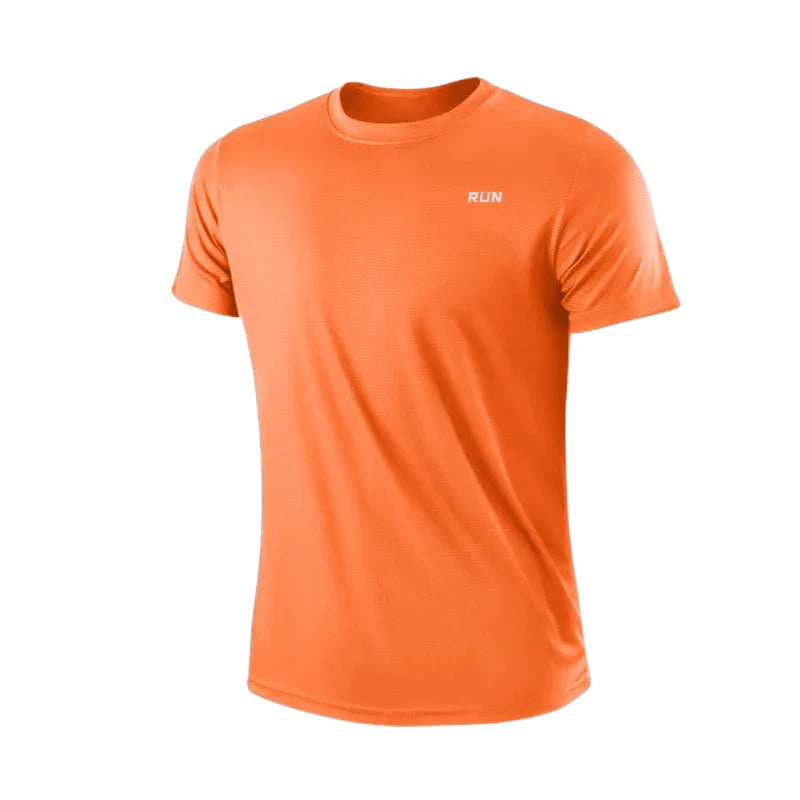 Front view of orange t-shirt with short sleeves and crew neck.