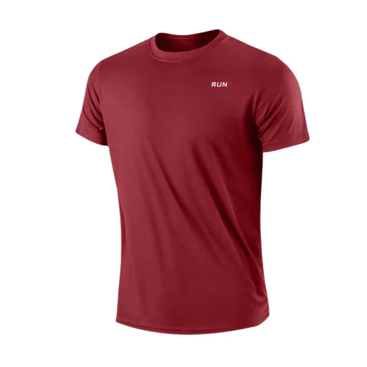 Front view of red t-shirt with short sleeves and crew neck.