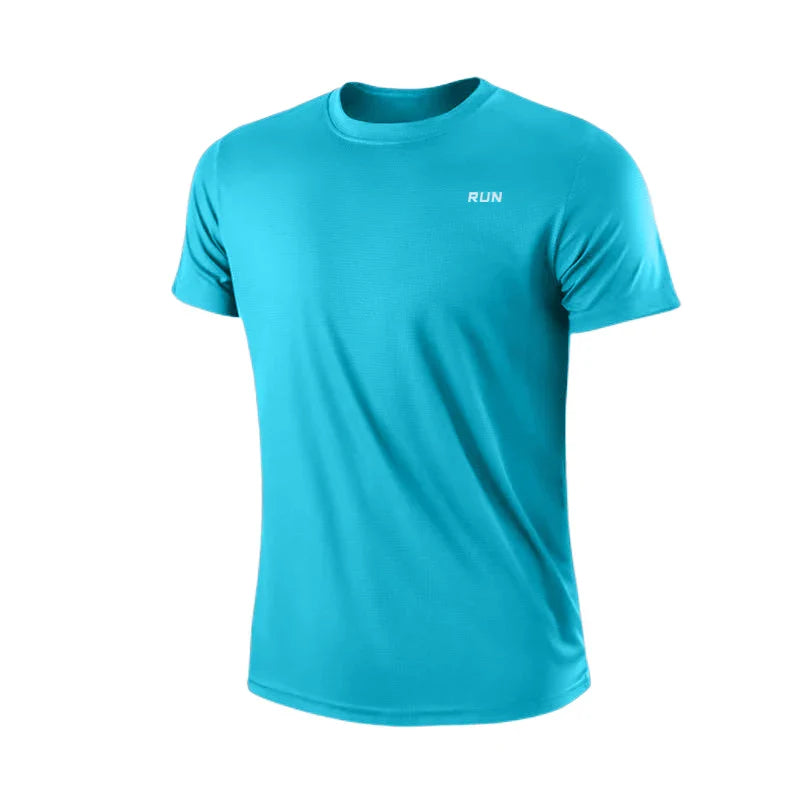 Front view of turquoise t-shirt with short sleeves and logo on chest.