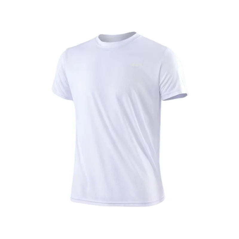 Front view of white t-shirt with short sleeves and crew neck.