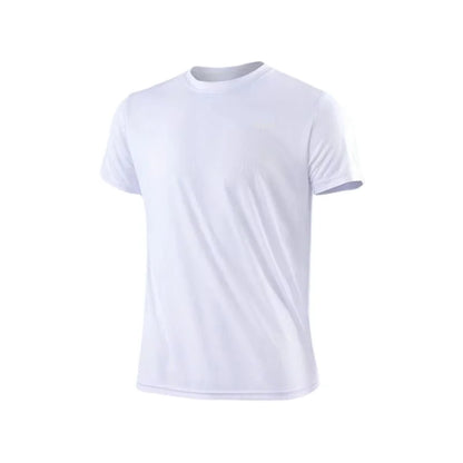 Front view of white t-shirt with short sleeves and crew neck.