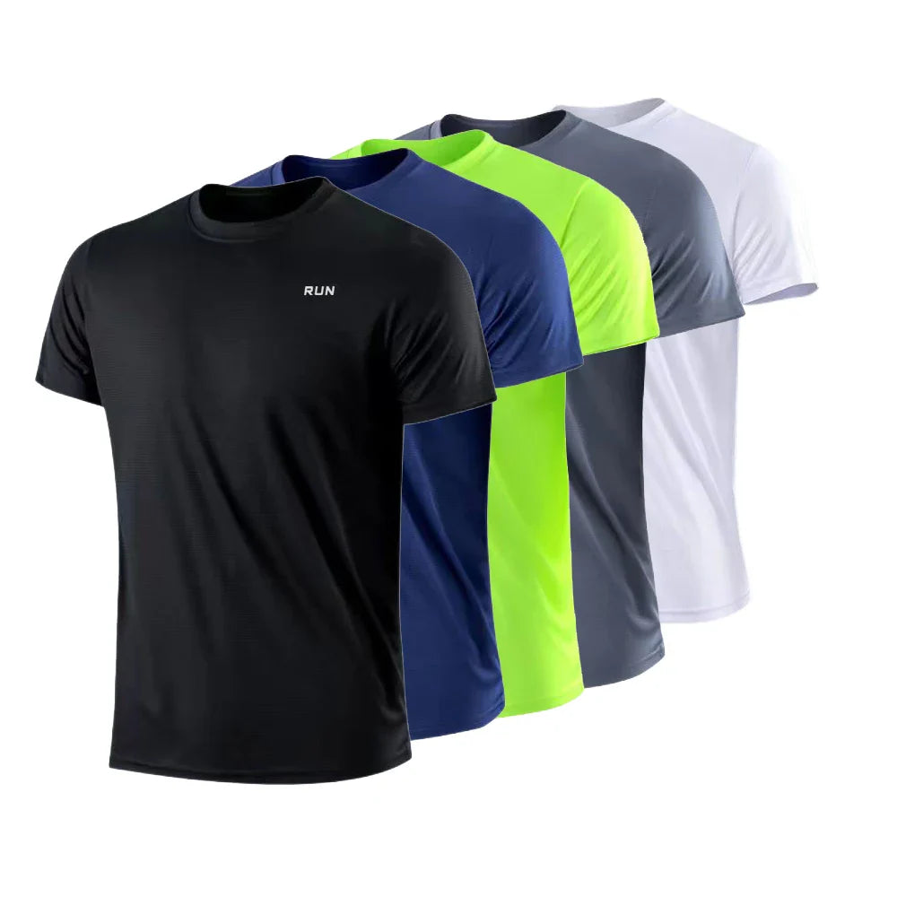 Men's quick dry t-shirt in black, navy, green, and white, front view.