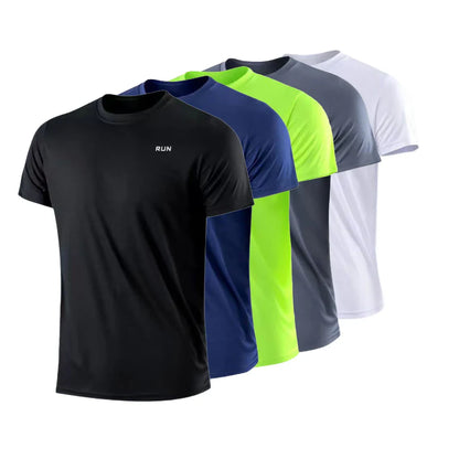 Men's quick dry t-shirt in black, navy, green, and white, front view.