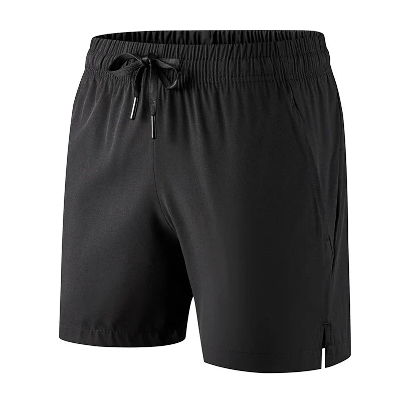 Front view of black running shorts with a drawstring waist.