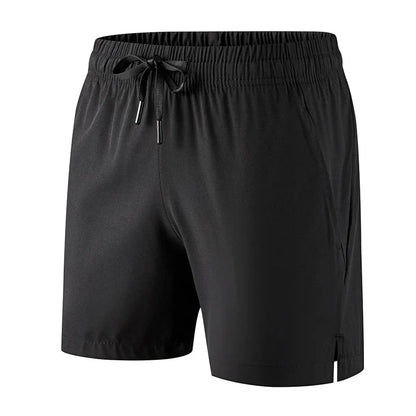 Front view of black running shorts with a drawstring waist.