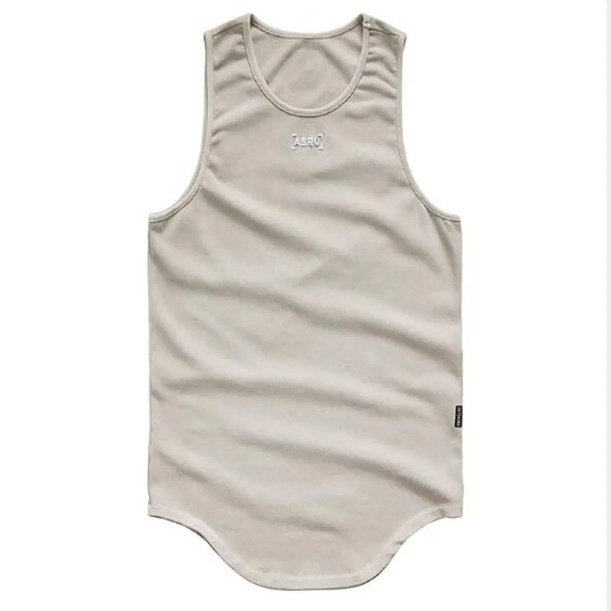 Beige cotton sport tank top back view highlighting sleeveless feature.